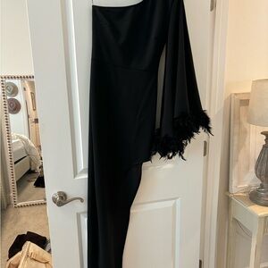 Windsor Black One-Shoulder Dress with Feather Detail